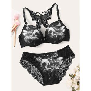 Skull Butterfly Lace Cutout Crochet Lingerie Set, Sexy 2 Piece Sleepwear